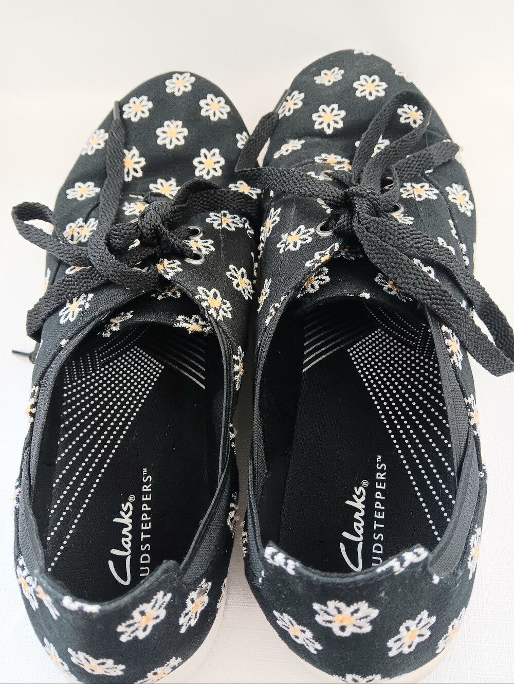 Clarks Black Canvas Sneakers with White and Yellow Daisy Print